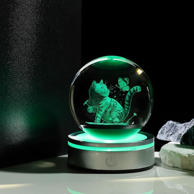 Movdyka 3D Laser Cat Figurines Lamp Glass Animals Statue Home Office Decor, Cat Theme Gifts for Women, Men, Girls - 3.15"/8CM