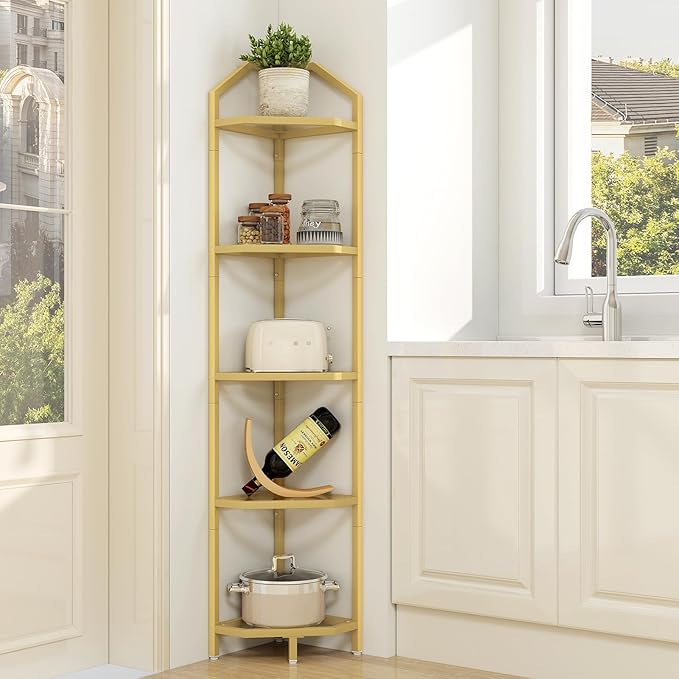 5 Tier Gold Corner Wall Shelf Stand, 66" Metal Corner Shelves Bookshelf Display Shelf for Living Room Decor, Tall Plant Stand Multi Unit Organizer, Standing Shelf for Bedroom,Bathroom,Small Space