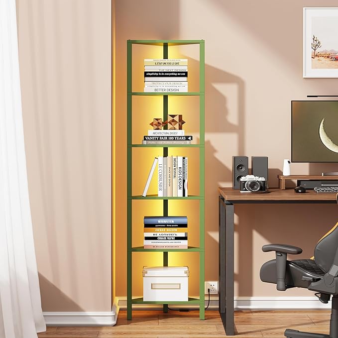 TUTOTAK Corner Shelf with LED Light, 6-Tier Corner Bookshelf for Small Space, Narrow Display Corner Shelf Stand with Storage Rack, for Living Room, Bedroom, Olive Green BS05BOG006L