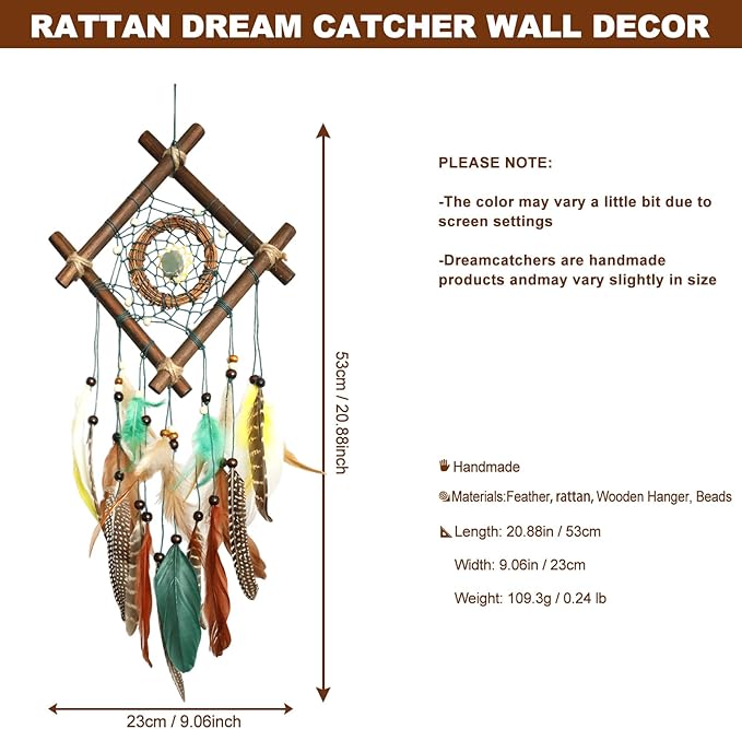 Dream Catcher Native American Boho Dreamcatcher Rattan Wood Wall Decor, Handmade Natural Dream Catchers with Healing Crystal Stone Feathers Ornament Indian Decor for Bedroom Living Room