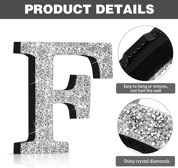 Qunclay 12'' Silver Crystal Diamond Bling Letters Crushed Diamond Decoration Wooden Glitter Letter with Screw and Hooks Rhinestone Gift for Wedding Y2k Mcbling Bedroom Wall Decor (Letter F)