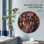 Wall Picture, with Red Mushrooms Printed Circular Iron Hanging Picture,Wall Art Decor,Home for Bedroom Living Room Bathroom Decor,Iron Painting 11.8X11.8 in