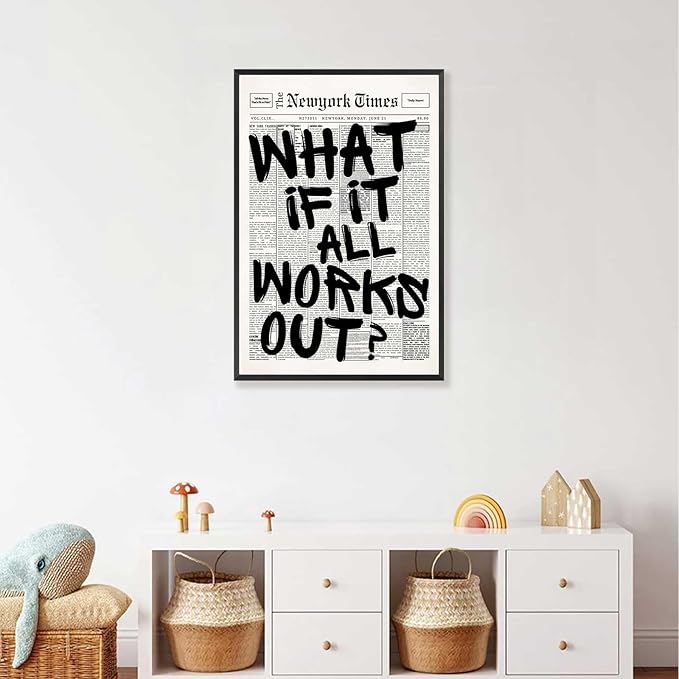 Retro Black And White Newspaper Poster What If It All Works Out Canvas Wall Art Positive Affirming Quote Minimalist Prints Painting For Home Bedroom Dorm Wall Decor 12x18in Framed