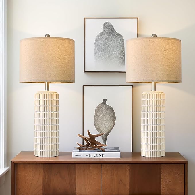 PoKat 27.5'' Tall Table Lamps for Living Room Set of 2, Ceramic Bedroom Lamps for Night Stands, Modern Bedside Lamps for Bedroom Living Room, Nightstand Lamps for End Table, Hallway, Gold and White