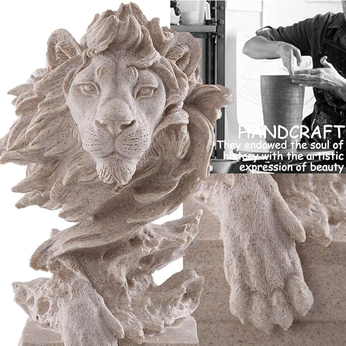 H&W Sandstone Lion - The King of Beasts - Statue Decoration for Home/Study/Living Room, Great Collectible Figurines, Best Gift for The Man, Sandstone Color (HH17-D2)