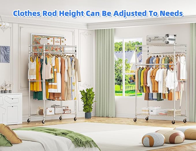 Simple Trending Rolling Clothes Rack, Clothing Rack, Garment Racks for Hanging Clothes, Freestanding Portable Closet Organizer, Heavy Duty, Max Load 450LBS, Chrome