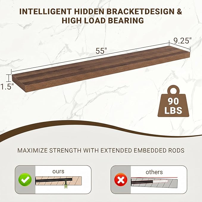 Acovy 55 Inch Floating Shelves, 55"x9.25"x1.5" Inch Deep Floating Shelves for Wall, Wooden Shelves for Bathroom, Bedroom, Living Room, Walnut,1 Piece