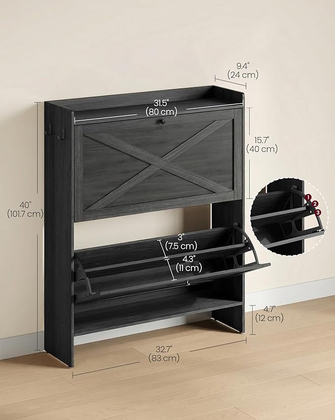 VASAGLE Shoe Storage Cabinet Organizer with 2 Flip Drawers, Freestanding Narrow Shoe Rack Cabinet for Entryway, Farmhouse Style, Fits 14 to 16 Pairs, Smoky Black UHSC203BJ01S