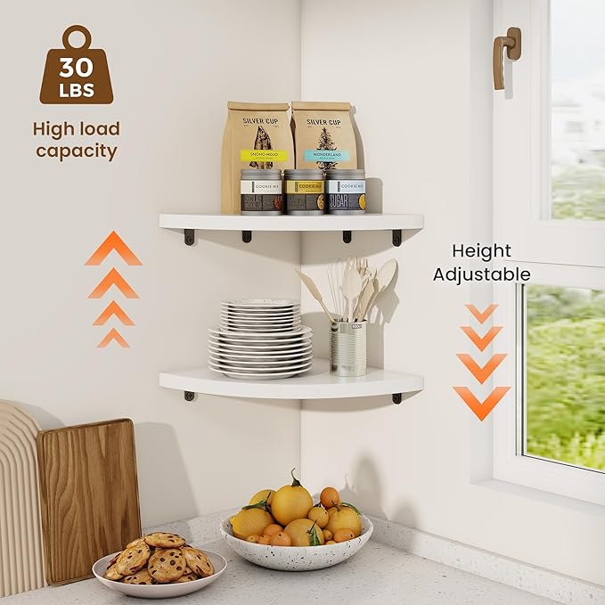 Fun Memories Corner Shelf Wall Mount, Solid Oak Wood Floating Corner Shelves with Cable Hole, 10in Rustic Design for Bedroom, Bathroom, Kitchen, Living Room (White, 1 Pack)