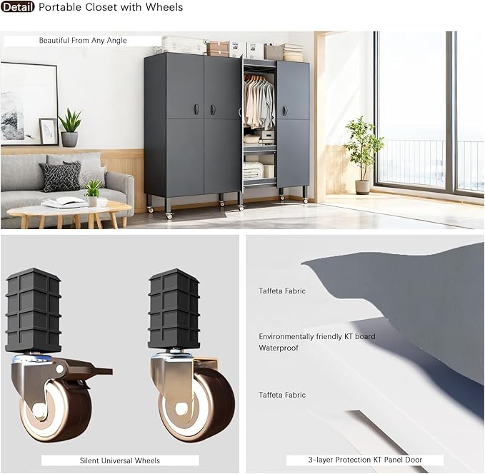 Heavy Duty Portable Closet with Cover Magnetic Doors, Metal Rolling Clothes Rack Heavy Duty 1500LBS, Foldable Clothing Rack, Garment Racks for Bedroom/LivingRoom/Rental (KT-Grey, 70.86in)