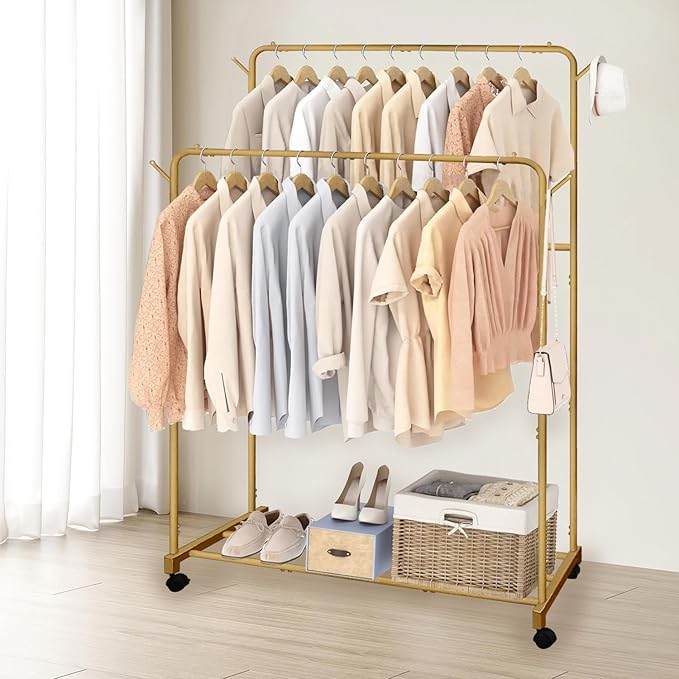 AT-VALY Double Rod Clothing Rack with wheels,Garment Rack for Hanging Clothes,Multi-functional Bedroom Clothes Rack (Gold)