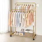AT-VALY Double Rod Clothing Rack with wheels,Garment Rack for Hanging Clothes,Multi-functional Bedroom Clothes Rack (Gold)