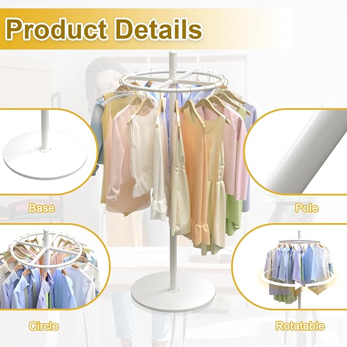 Round Garment Rack, Floor Standing Rotatable Clothing Rack, Portable Retail Display stand for Hanging Clothes Bedrooms Boutiques Commercial Shop Laundry Room