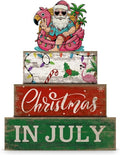 Lineshading 4 Pcs Summer Christmas in July Wooden Table Decoration Tropical Christmas Tiered Tray Decor Santa Claus Flamingo Beach Party Supplies Xmas Table Centerpiece Sets for Shelf Home Office