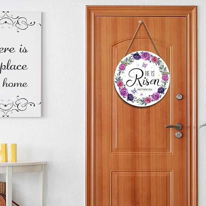 Harooni Easter Wall Hanging Decoration Sign, 12x12 Inch, He is Risen Wreath, Floral, Vertical, Unframed, Wooden, Indoor and Outdoor, Religious Holiday, Entryway