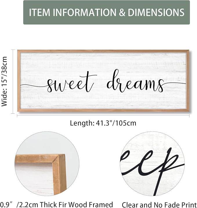 Sweet Dreams Wall Decor Above Bed 41.3''×15'' Large Farmhouse Wall Decor for Bedroom Guest Room Decor Framed Wood Wall Art Rustic Master Bedroom Wall Decoration (brown frame)
