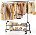 EAGMAK Heavy Duty Clothes Rack Load 556 LBS, Rolling Clothing Rack With Shelves, Height Adjustable Metal Clothes Hanger with Wheels Portable Wardrobe Organizer Garment Rod for Hanging Clothes (Black)