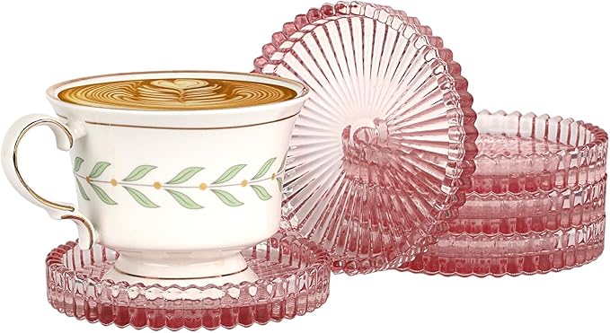 Modern Clear Coaster Set of 5- Glass Coasters for Drinks Crystal Coasters Round Cup Coaster Coffee Table Decor for Office, Kitchen, Bar, Dining Room, Living Room, Patio(Clear Pink)