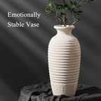 Ceramic Natural Rustic Vase, 14.4 Inch Large Vintage Flower Threaded Decorative Farmhouse Tall Vase for Home Decor, Living Room, Shelf Decor, Wedding, Housewarming Gift, Off-White