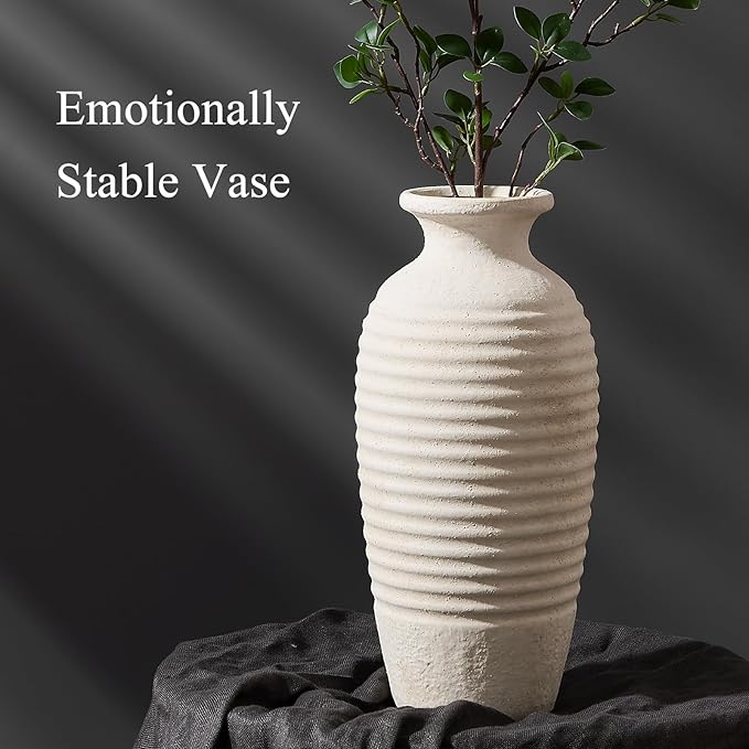 Ceramic Natural Rustic Vase, 14.4 Inch Large Vintage Flower Threaded Decorative Farmhouse Tall Vase for Home Decor, Living Room, Shelf Decor, Wedding, Housewarming Gift, Off-White
