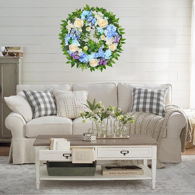 [Lighted & Timer] 24" Spring Summer Wreaths for Front Door Blue Hydrangea Wreath with Lights Butterfly Rose Daisies Artificial Floral Wreath for Home Wall Window Farmhouse Wedding Indoor Outdoor Decor
