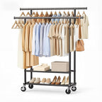 Double Rods Clothes Rack, Rolling Clothing Rack for Hanging Clothes Closet Rack with Wheels, Metal Portable Garment Rack with Double Shelves for Bedroom Laundry Living Room, Black
