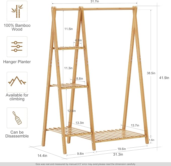 Small Clothes Racks,Kids Clothes Hanging Rack, Bamboo Wood Clothing Garment Rack with Shelves, Free Standing Corner Dress Costume Rack for Small Place,Bedroom,Bathroom, Portable