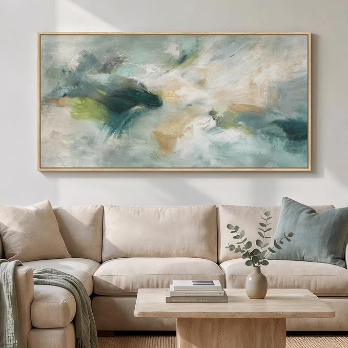 Extra Large Framed Sage Green Abstract Wall Art for Living Room, Modern Teal Horizontal Canvas Prints Paintings Artwork for Walls, Oversized Pictures Wall Decor for Bedroom Dining Room Office 36x72 In