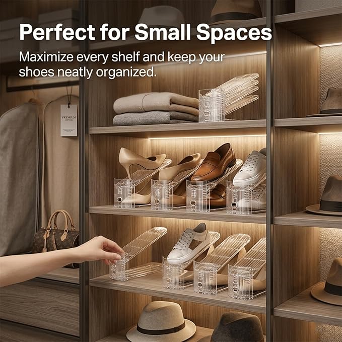 14 Pack Shoe Slot Organizer, Double Layer Space Saver, 3 Levels Adjustable, Durable and Stackable Shoe Holder for Sneakers Heels and Flat.