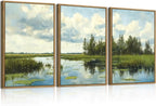 BINCUE Framed Green Nature Wall Art Lake Scenery Wall Decor Landscape Art Print Green Nature Landscape Artwork Green Plants Wall Pictures for Living Room Bedroom Office Farmhouse 16 x24 Inches Set of 3 Gift