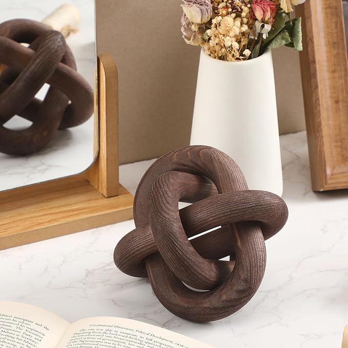 Yalikop 3 Link Wood Knot Decor Rustic Home Décor Accents Hand Carved Coffee Table Decoration, Boho Chain Link Decoration, Modern Shelf, Rustic Objects for Home Living Room Bedroom(Black Walnut)
