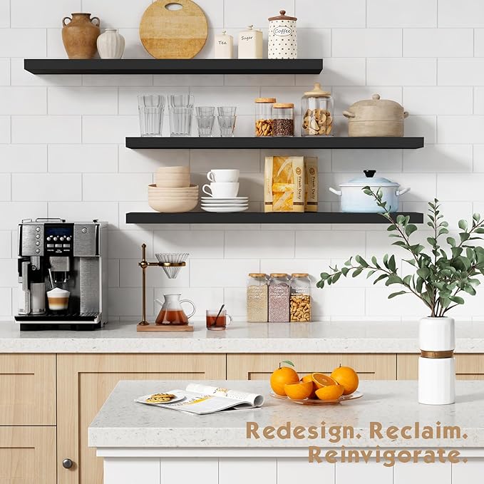 Forbena Large Floating Shelves for Wall 36 Inches Long 8 Inch Deep, Black Wall Shelves for Kitchen Bedroom, Heavy Duty Wooden Floating Shelf for Living Room Office Closet (Black, Set of 3)