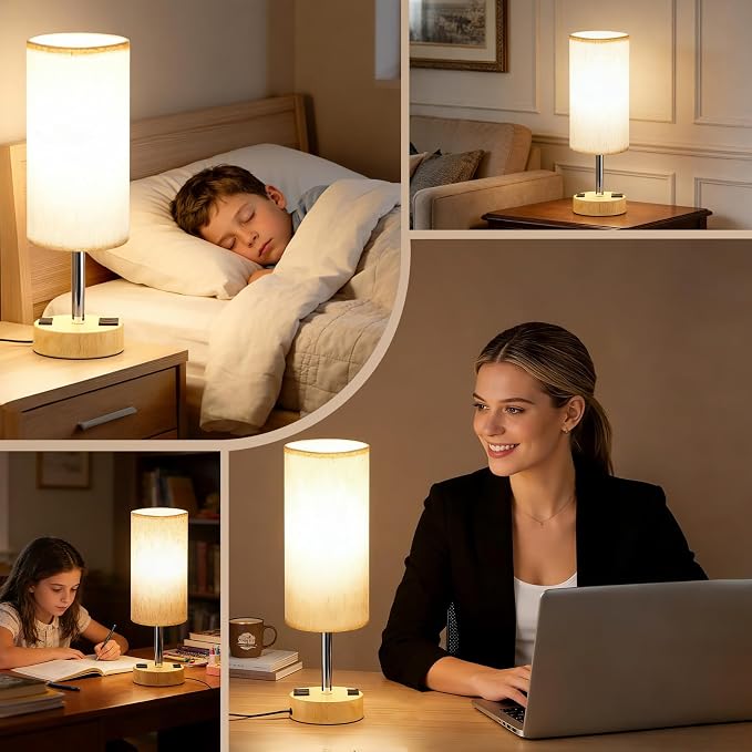 MOICO Bedside Table Lamp for Bedroom, 3-Way Dimmable Nightstand Lamp with USB C, USB A Ports & AC Outlet, Small Table Lamp Fabric Shade for Living Room Dorm Office, LED Bulb Included (14in Wood Grain)