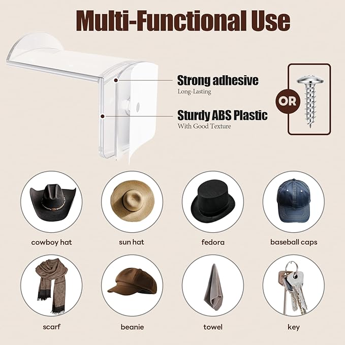 2.8 Inch Hat Hooks for Wall - (8 Pack) Cowboy Hat Rack, Strong Adhesive Cap Holder, Organizer for Baseball Caps, Western Room Decor - Clear