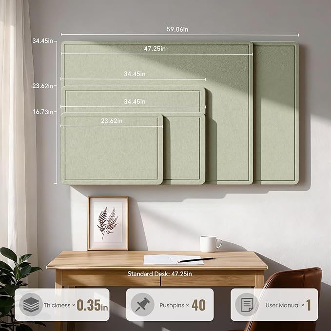 Large Bulletin Board, 35 X 24 Inches Felt Cork Board with 40 Pushpins, Foldable Felt Notice Pin Board Photo Display Board with Self-Adhesive Tape for Office Home School (Sage, 35x24 inch)