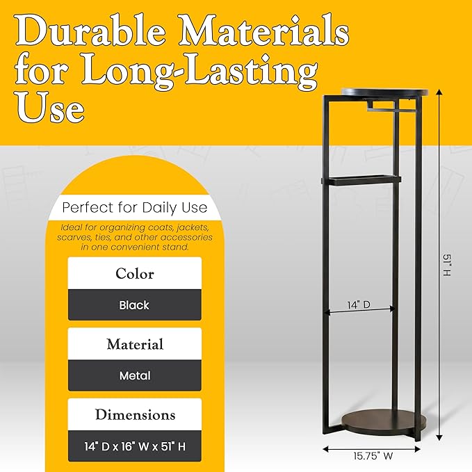 Kings Brand Furniture Suit Valet Stand, Coat Rack with Rods & Storage Trays - Tie Jacket Hanger, Freestanding Clothing Organizer Perfect for Bedrooms & Entryways, Black
