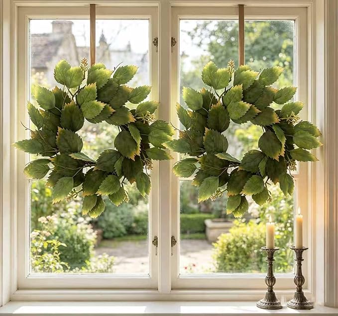 2 Pcs 16" Green Hibiscus Leaf and Eucalyptus Leaf Wreath - Artificial Greenery Candle Ring Wreath for Table, Front Door, Porch, Window & Home Holiday Decor - All Season Hanging Wreath