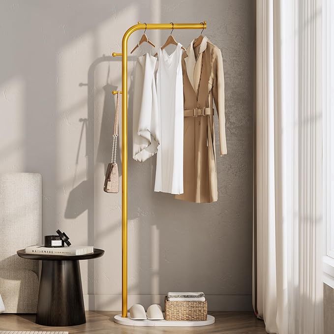 Freestanding Clothing Rack with Marble Base,Modern Garment Rack for Small Spaces,Sturdy Metal Coat Rack with Hooks,Clothes Rack for Hanging Clothes in Bedroom,Closet,Entryway (gold)