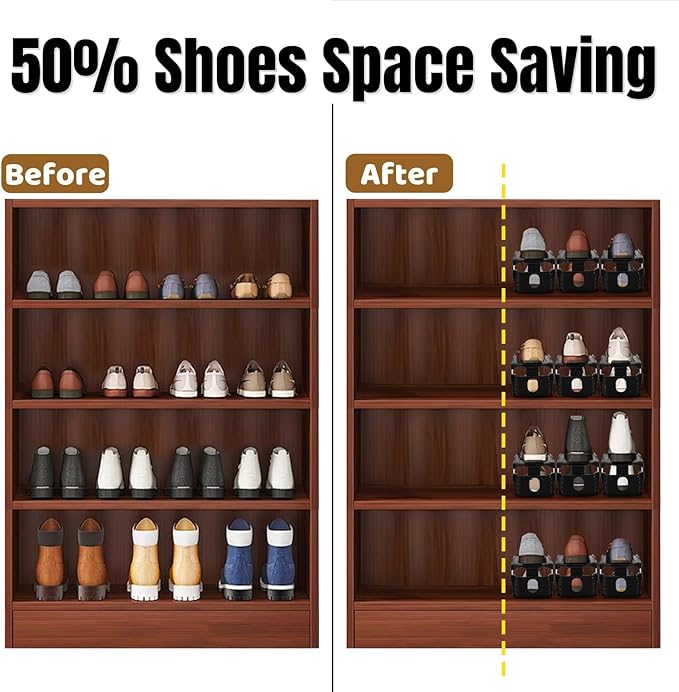 24 Pack Shoe Slots Organizer, Adjustable 4 Levels Shoe Stackers, Double Deck Shoe Storage Holder, 50% Space Savers Rack, Thickening Plastic Shoes Riser for Closet Entryway Organization, Black