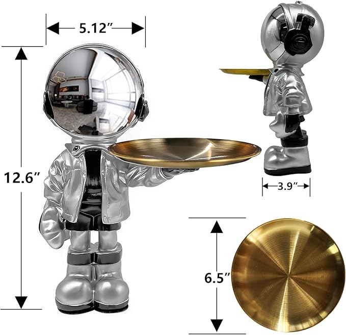 Dosker Astronaut Statues with Candy Dish & Key Dish,Spaceman Sculpture Polyresin Arts Gifts,Figurine Ornament Room Decor for Men,Tabletop Decoration for Living Room, Office, Entryway(Silver)