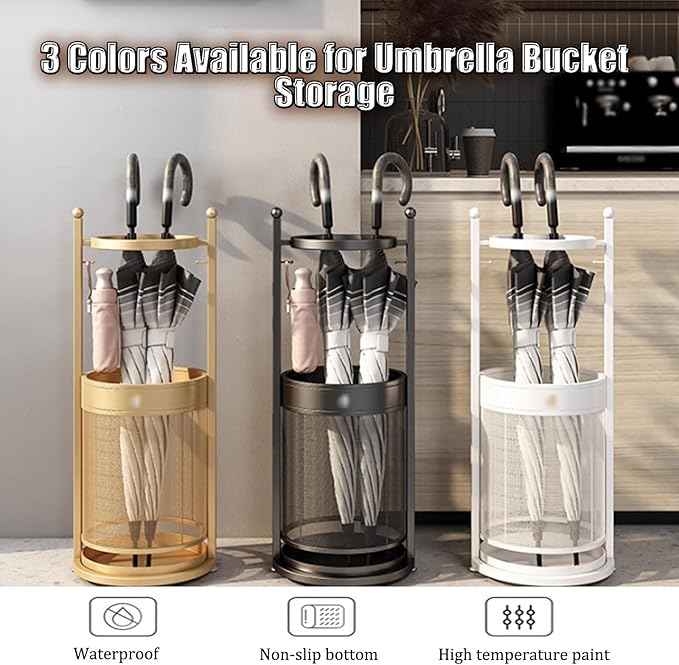 Commercial Metal Umbrella Stand Holder Indoor Large-Capacity Umbrella Stand Racks with Removable Drip Tray Entrance Umbrellas Organizer Freestanding Umbrella Basket for Home Office Entryway.(Gold)