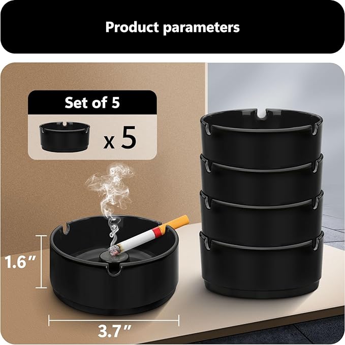 roygra Ash Tray (5 Pack), Outdoor Ashtray for Outside Patio, Resin Ashtrays for Cigarettes with 3 Holder, Smoking Accessories, Home Décor, Stackable Ashtrays for Smokers Indoor - Black