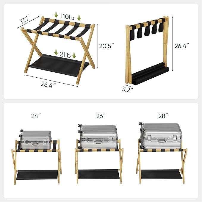 2 Pack Luggage Rack, Folding Luggage Rack for Guest Room, Bamboo Suitcase Stand Holds up to 131 lb, Luggage Stand with Storage Shelf for Hotel, Bedroom