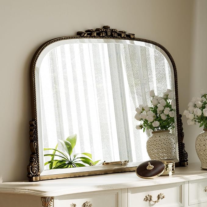 Wall Beaded Mirror, 36 x 27 Inch Round Top Right Angle Wall Mirror, Tempered Glass, Rust Resistant, Horizontally or Vertically Hanging, Bronze