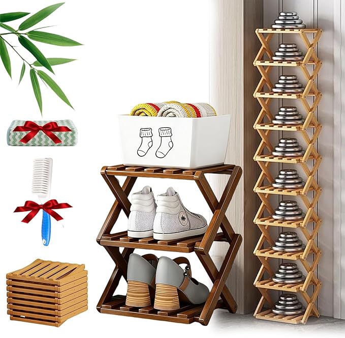 The 9-Tier No-Assembly Bamboo Rack, Foldable Stackable 9 Tier Bamboo Shoe Rack Vertical Storage Sturdy & Stable, Tall Narrow Space-Saving Expandable Shoe Rack for Entryway Closet Dorm (Brown,3 Tiers)