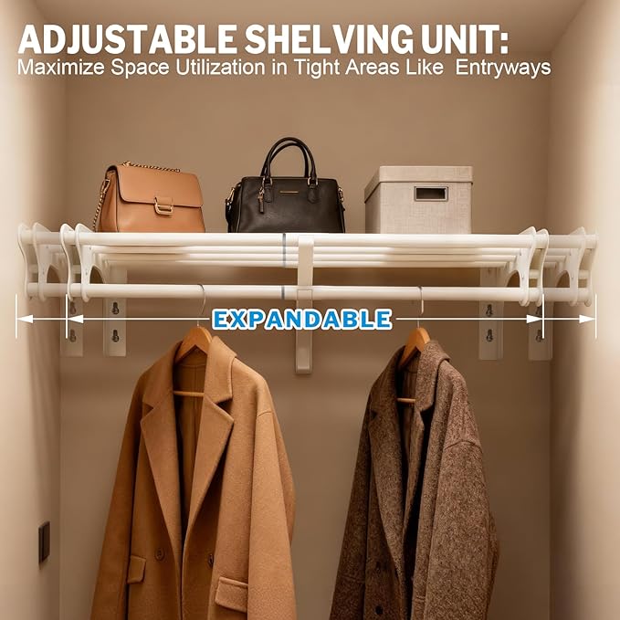 Steel Closet Shelf with Hanging Rod, Back Wall & Side Wall Mounted, 28-48'' Expandable White Closet Shelves, Heavy Duty Storage Rack Holds 220 lbs, Adjustable DIY Closet Rod Divider Separator