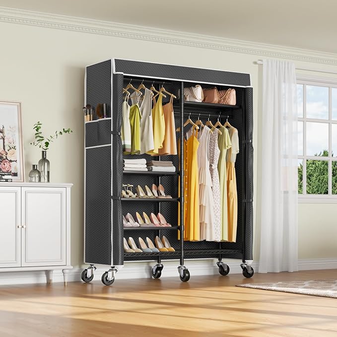 VIPEK R4C Portable Closet Rolling Clothes Rack Heavy Duty Adjustable Wardrobe Metal Garment Racks with Lockable Wheels Black Clothing Rack with Black Upgraded Polyester Cover, Max Load 620lbs