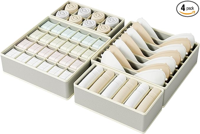 Drawer Organizer Clothes Set, 4 Pack Foldable Dresser Closet Dividers (6/8/7/24-Cell), Non-Woven Underwear & Sock Drawer Organizer, Bra/Tie/Belt Storage Bins (Light Grey)