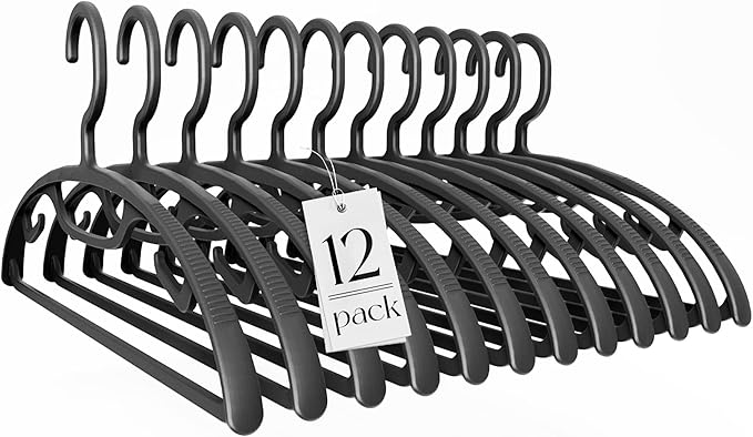 HOUSE DAY Plastic Clothes Hangers 12 Pack, Sweater Hangers No Shoulder Bump, Thick Heavy Duty Coat Hanger for Closet, Black Wide Hanger with Non-Slip Hook for Sweaters, Suits, Dresses, Jackets, Pants