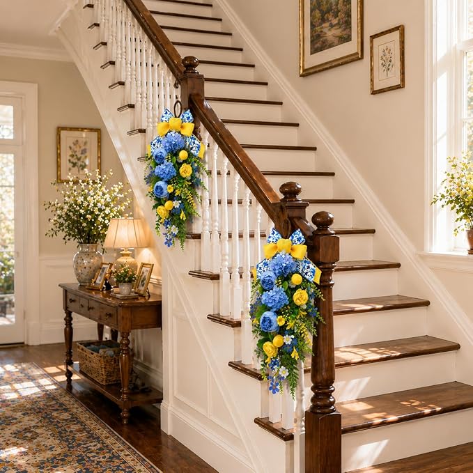 nuvagiki Summer Lemon Floral Teardrop Swag Set of 2, Blue Yellow Chinoiserie Lemon Front Door Decor, Floral Porch Swag for Farmhouse Entryway Wall Hanging Decorations